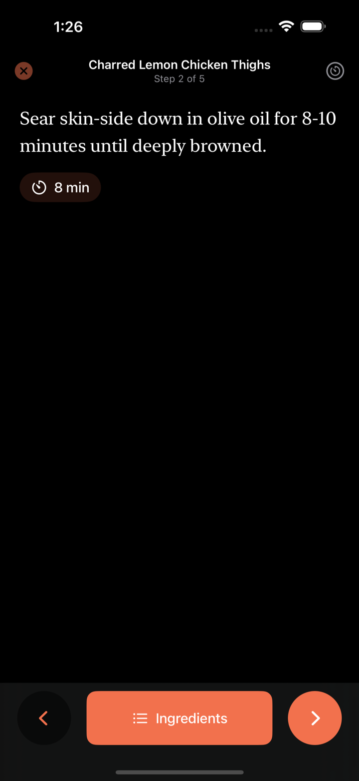 Cook mode in dark appearance showing one big readable step