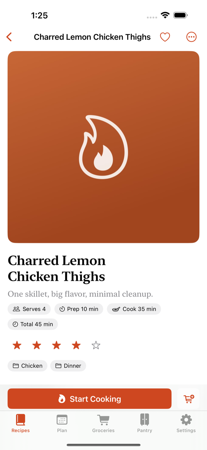 A recipe page with photo, serves and time chips, and a Start Cooking button