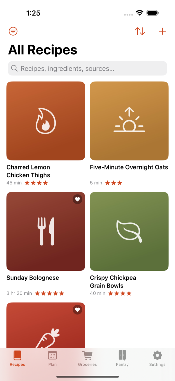 The recipe library as a grid of square photo tiles